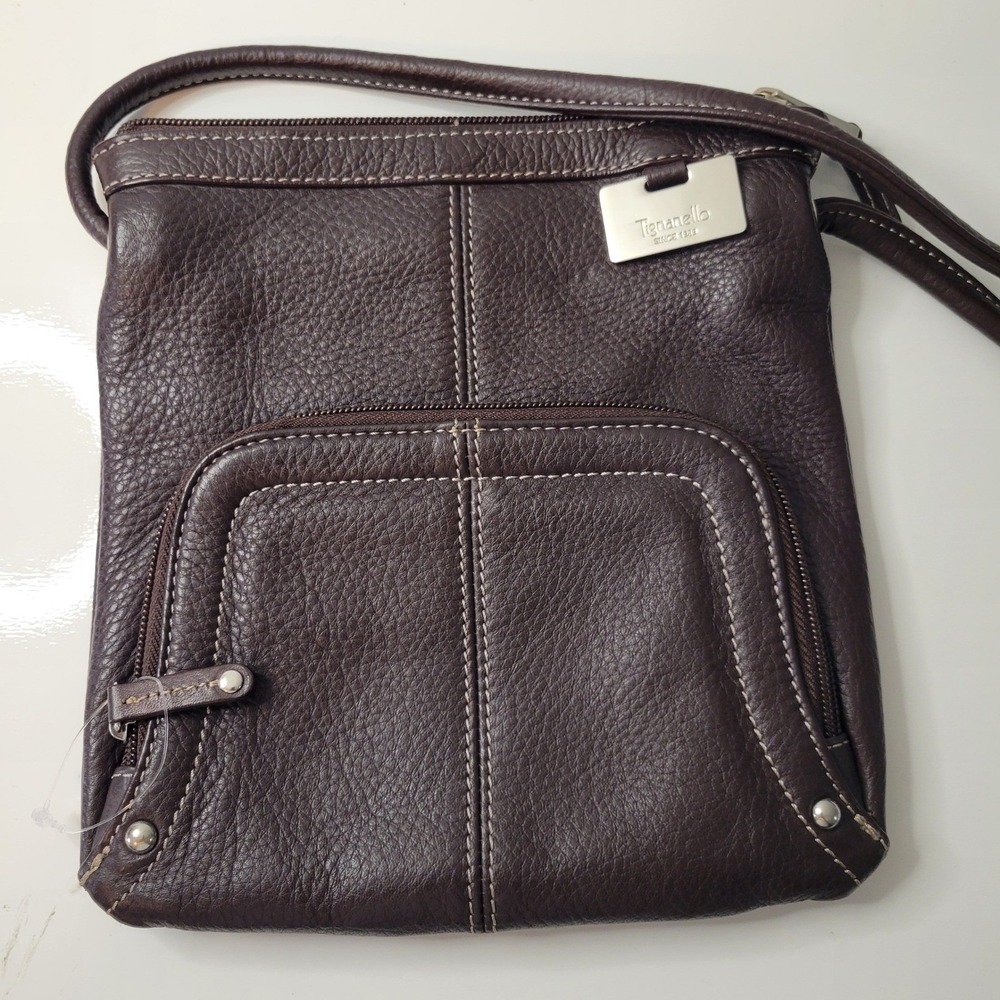 New Tignanello Dark Brown Pebbled Leather Crossbody Organizer Bag Silver Hardwar